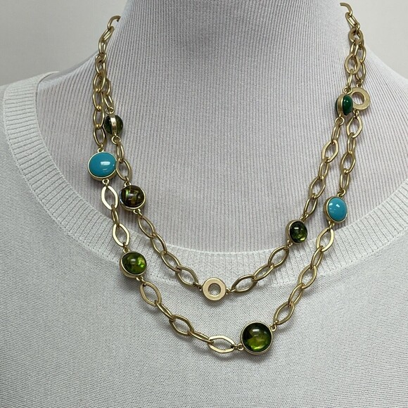 Icing Gold-tone Linked Chains Green Blue Women's Fashion Necklace NWOT - Picture 4 of 5